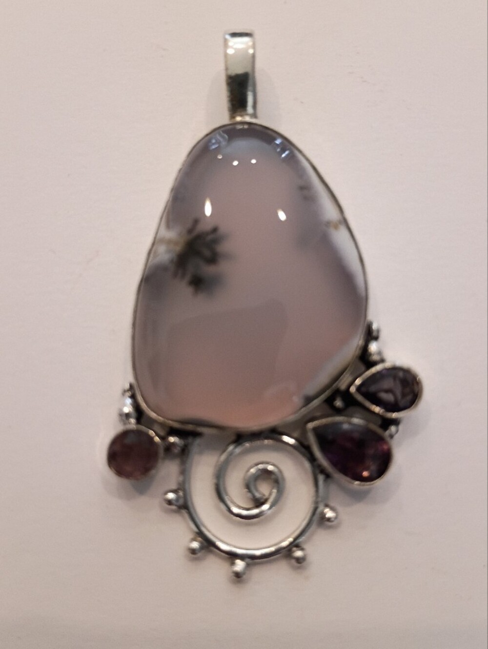 Dendritic Lilac Agate Pendant with Amethyst Accents